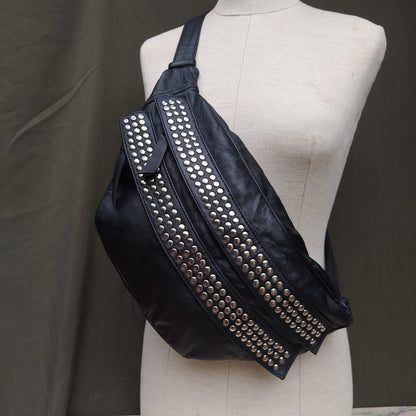 Black Studded Buttery Soft Leather Sling Bum Bag