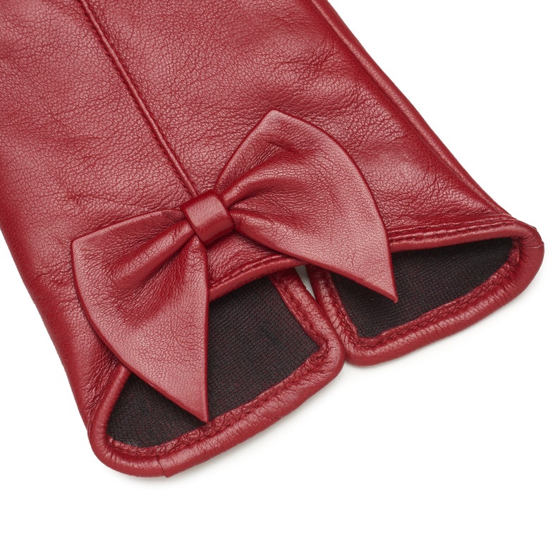 Ladies Red Handmade Soft Nappa Bow Cut Genuine Leather Gloves