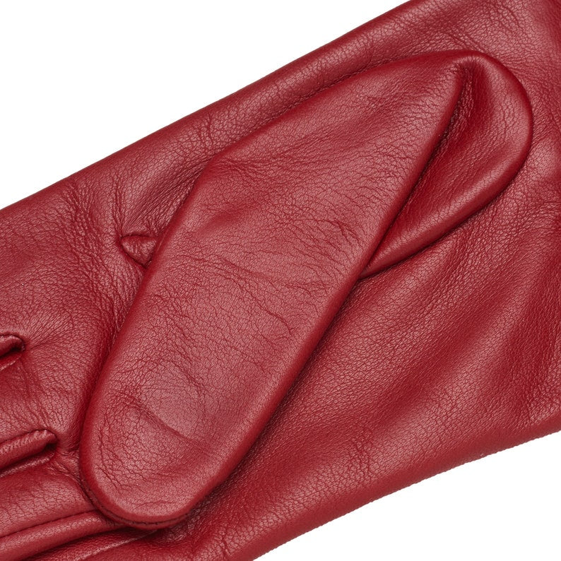 Ladies Red Handmade Soft Nappa Bow Cut Genuine Leather Gloves