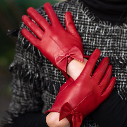 Ladies Red Handmade Soft Nappa Bow Cut Genuine Leather Gloves