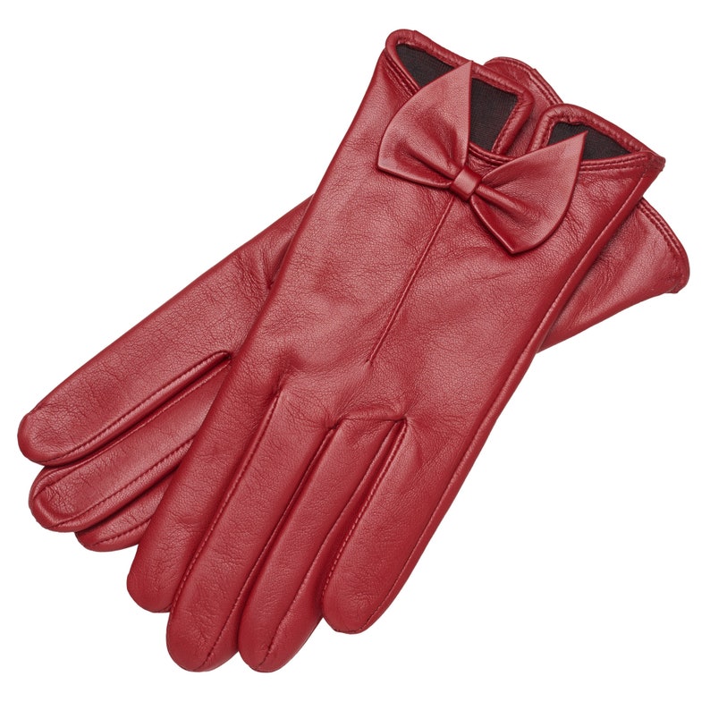 Ladies Red Handmade Soft Nappa Bow Cut Genuine Leather Gloves