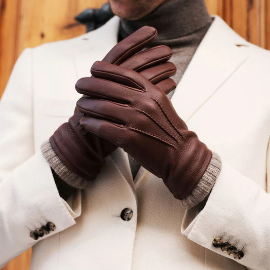 Brown Wool Lined Bold Grain Leather Gloves for Men