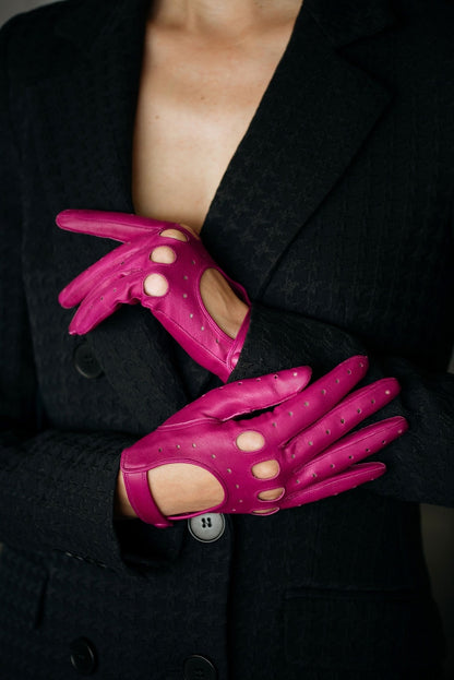 Red/Hot Pink Handmade Leather Driving Gloves for Women