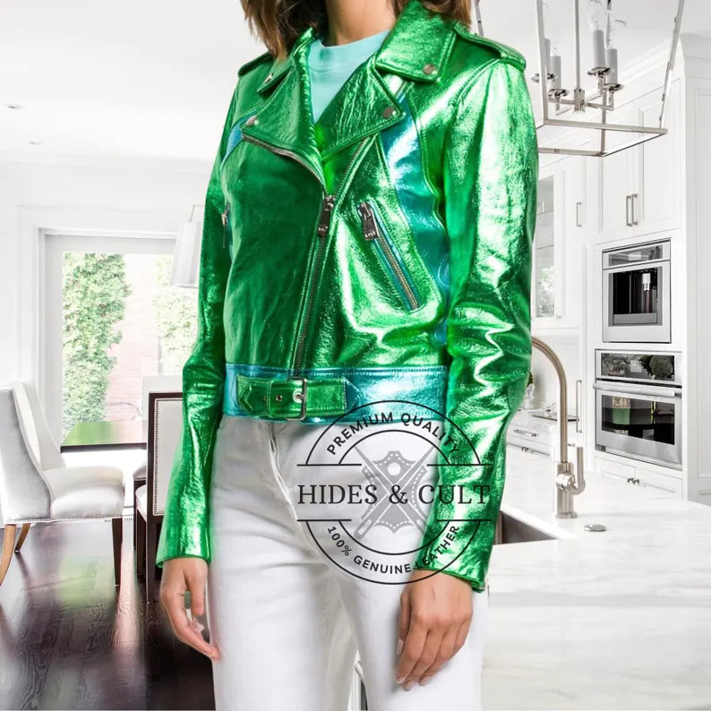 Womens Green Blue Two Toned Metallic Foil Biker Leather Jacket