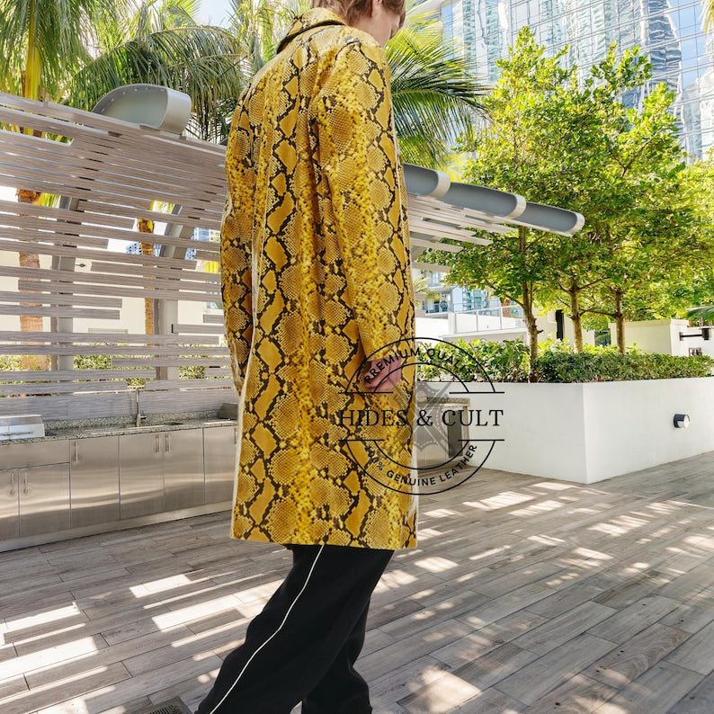 Womens Yellow Snake Print Genuine Leather Long Coat