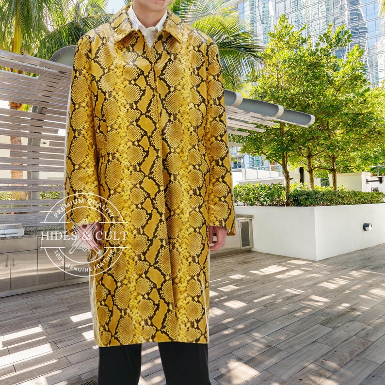 Womens Yellow Snake Print Genuine Leather Long Coat