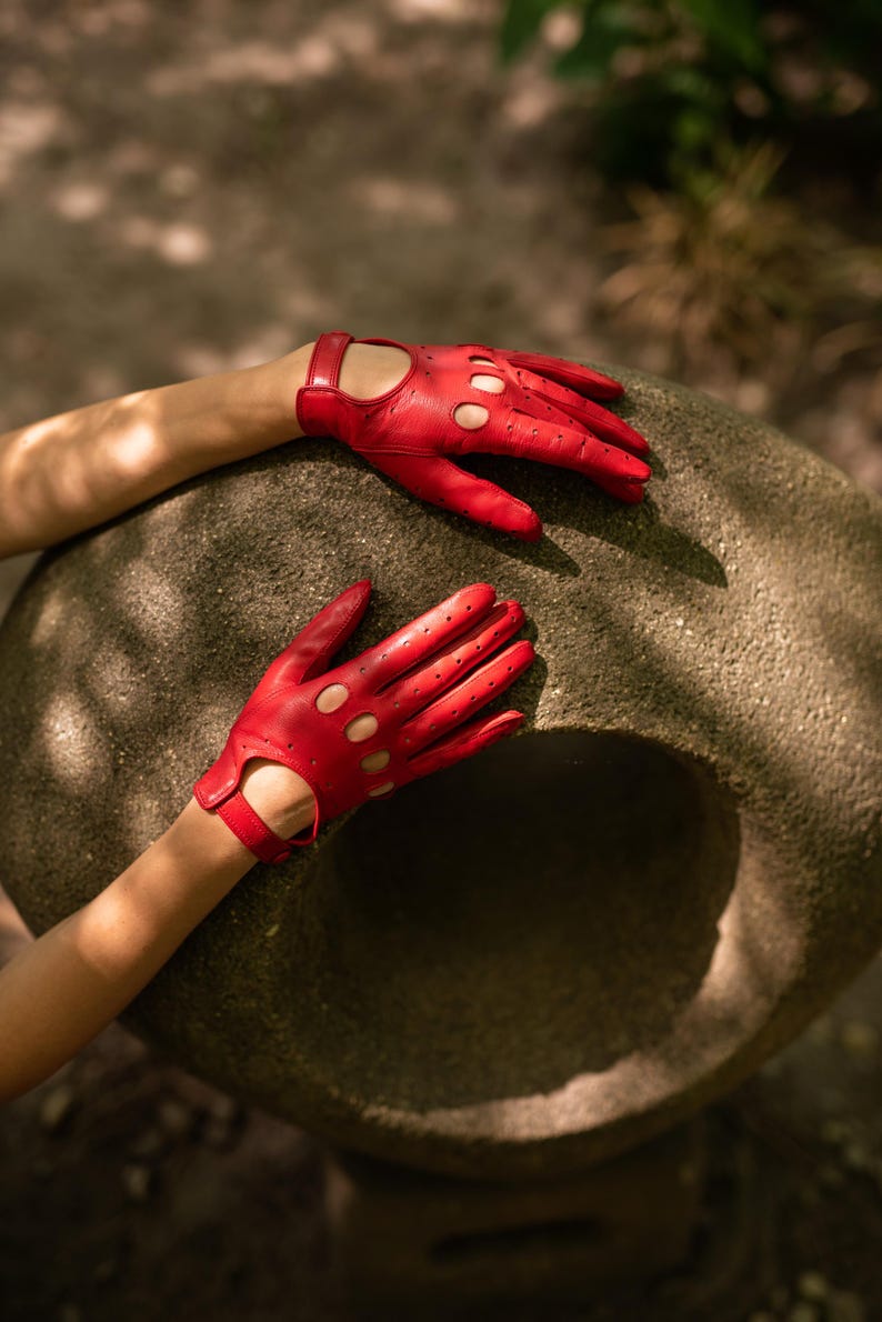 Red/Hot Pink Handmade Leather Driving Gloves for Women