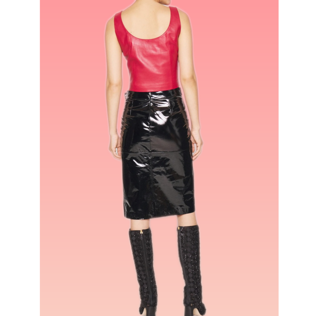 Women's Black Patent Zip Front Pencil Midi Leather Skirt