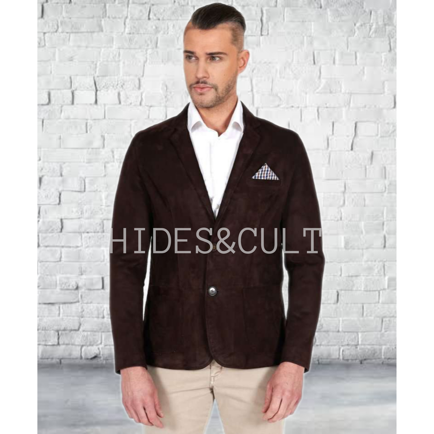 Men's Tan Brown Slim Fit Business Leather Blazer