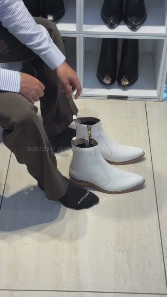 Handmade Pure White High Ankle Gold Zip Hardware Wooden Heal Genuine Leather Boots Men | Hides&Cult