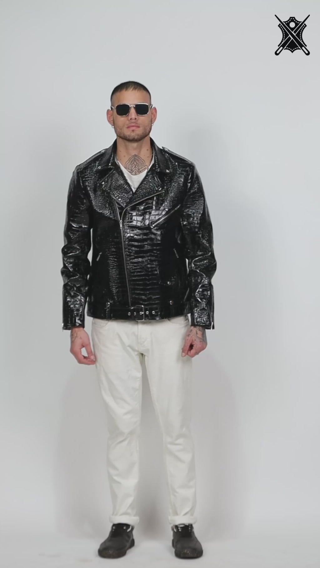 Mens Black Patent Croc Effect Motorcycle Biker Genuine Leather Jacket