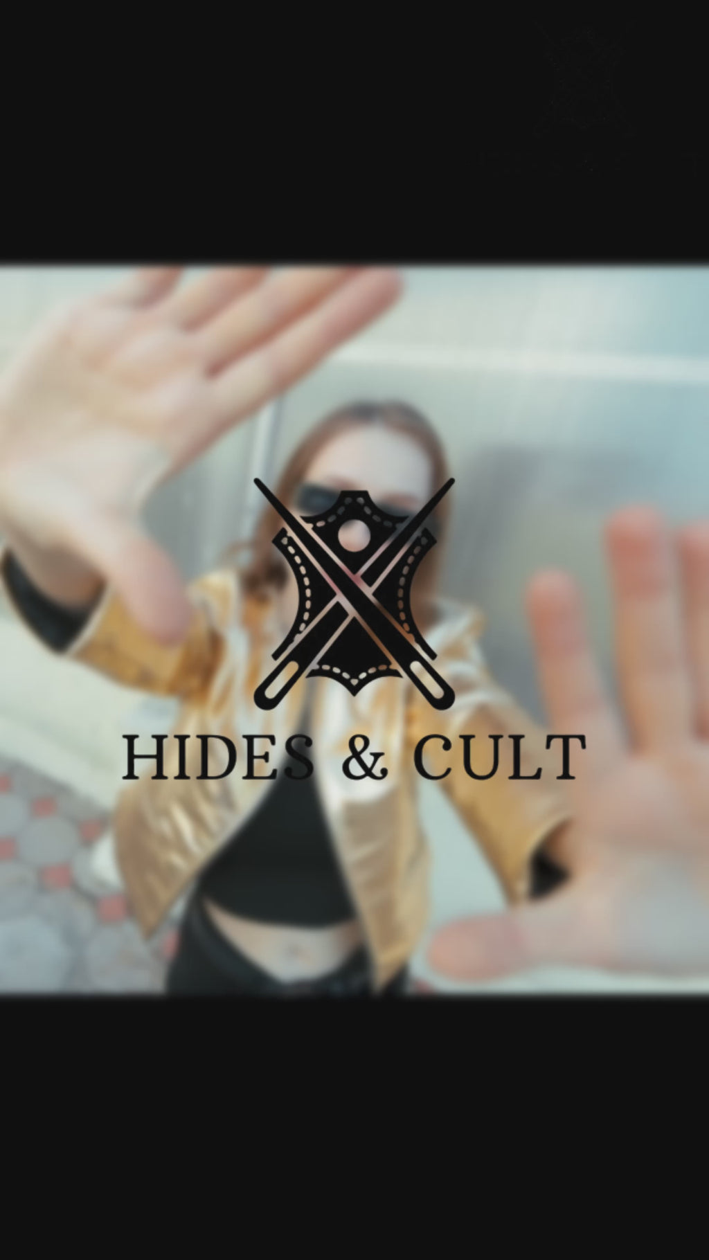 Women's Gold Metallic Foil Effect Round Neck Cropped Real Leather Jacket