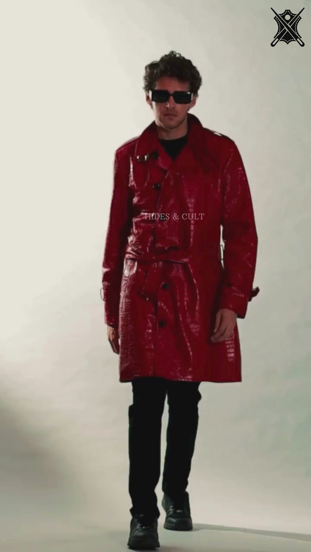 Mens Rich Red Croc Leather Trench