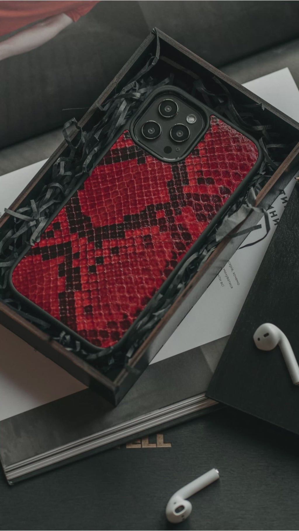 Luxury Red Exotic Python Print Shockproof Genuine Leather Iphone Case