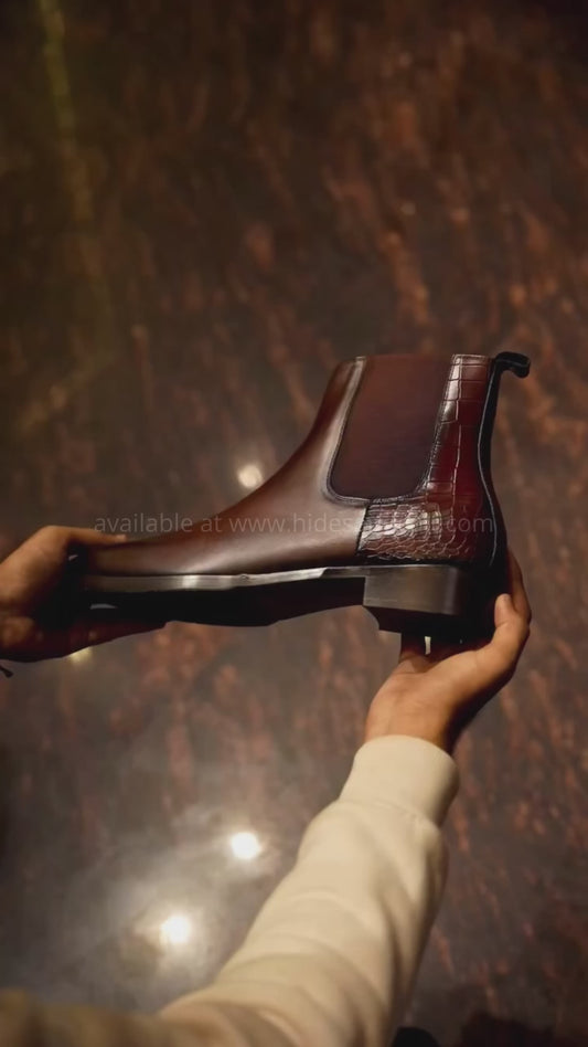 Handmade Brown Croc Alligator Effect Genuine Leather Chelsea Boots Men | Hides&Cult