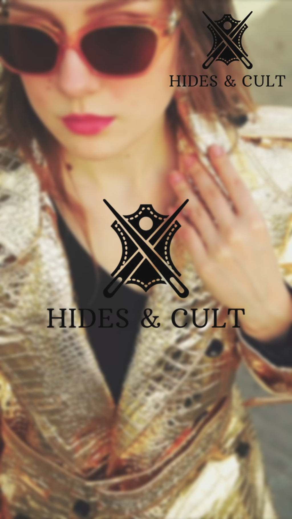 Womens Gold Metallic Foil Croc Embossed Effect Double Breasted Genuine Leather Trench Coat