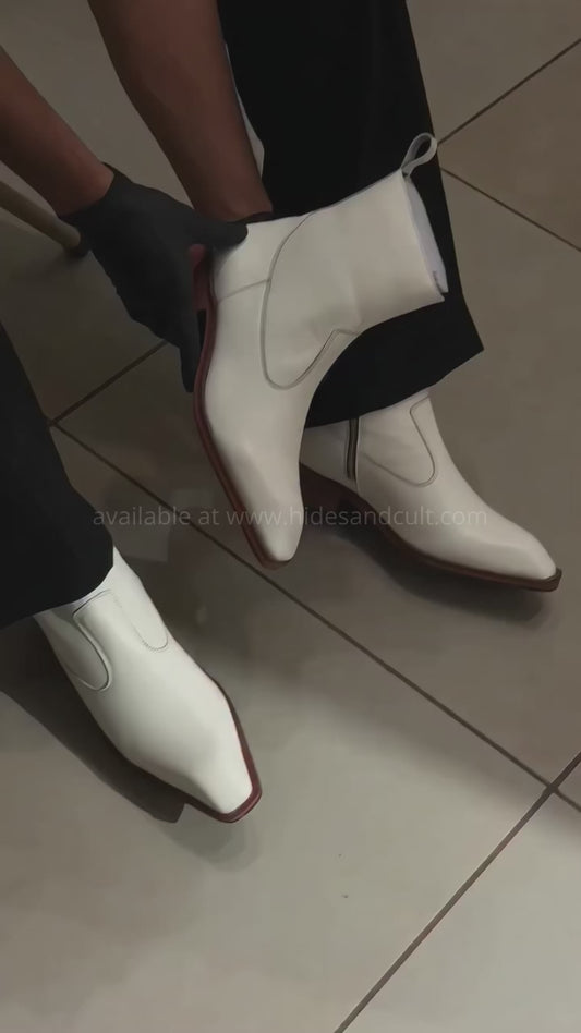 Handmade White Wooden Heal High Ankle Side Zip Genuine Leather Boots Men | Hides&Cult