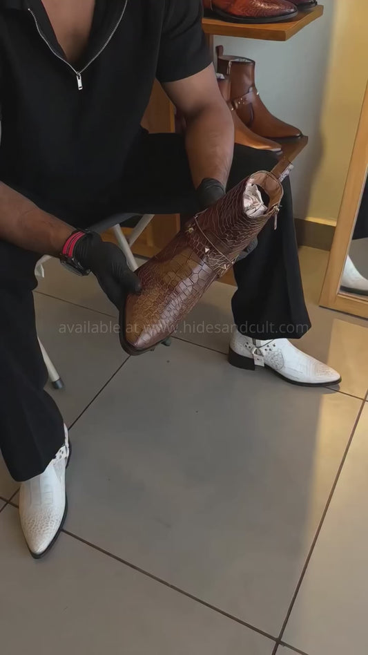 Handmade Brown Himalayan Croc Emboss Genuine Leather Harness Boots Men | Hides&Cult