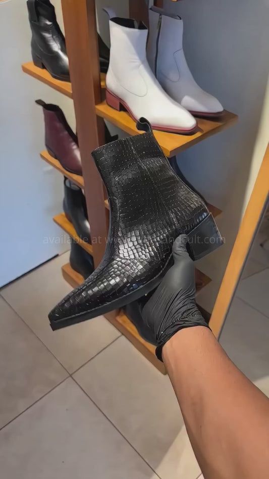 Handmade Black Reptile Emboss Pointer Toe High Ankle Genuine Leather Zip Boots Men | Hides&Cult