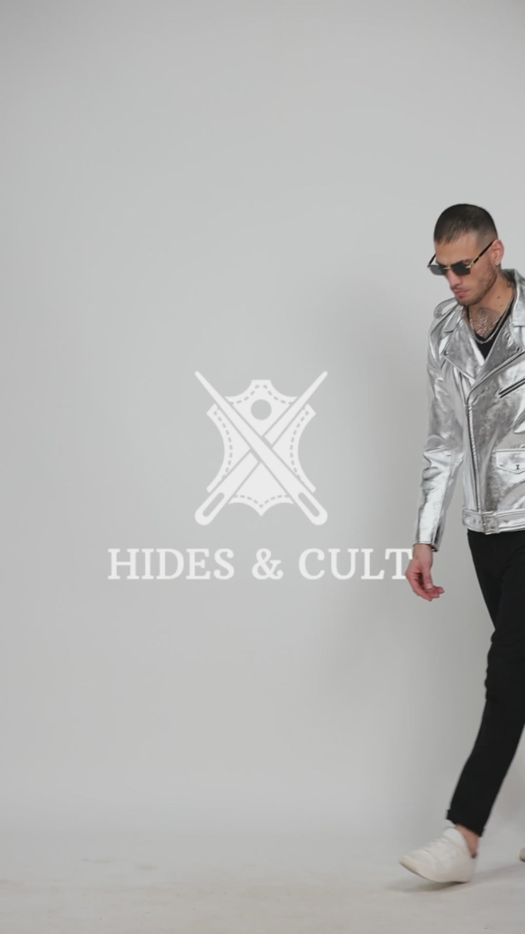 Mens Silver Metallic Foil Effect Slim Fit Motorcycle Biker Leather Jacket