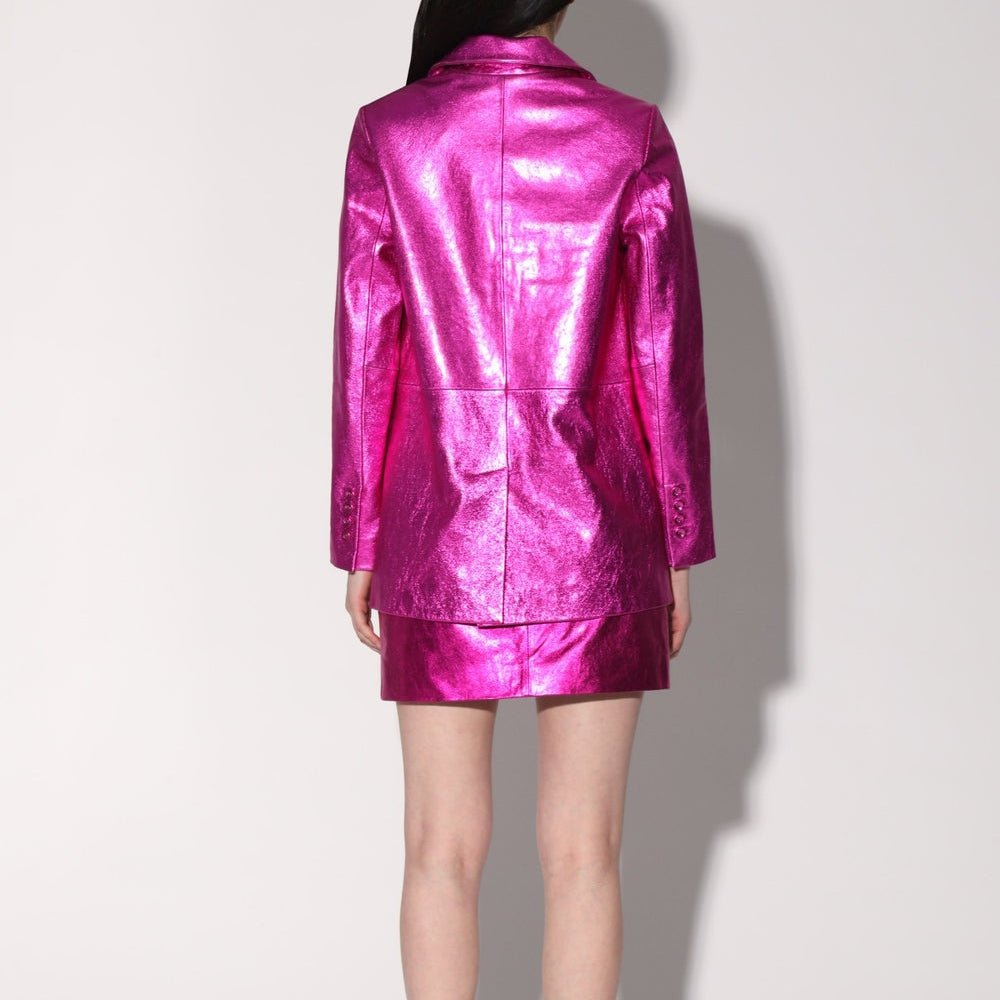 Women's Fuchsia Pink Metallic Foil Leather Blazer