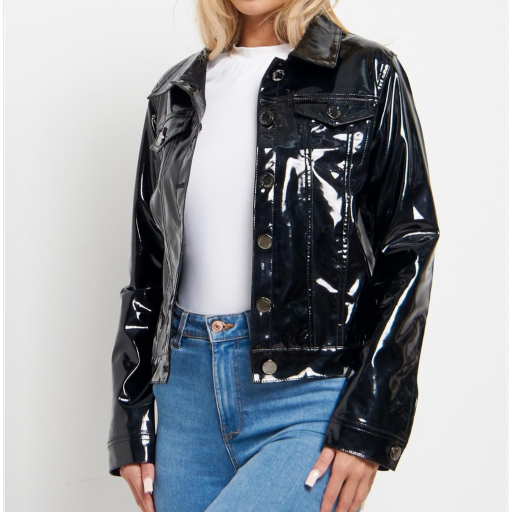 Women's Glossy Black Patent Denim Style Genuine Leather Jacket