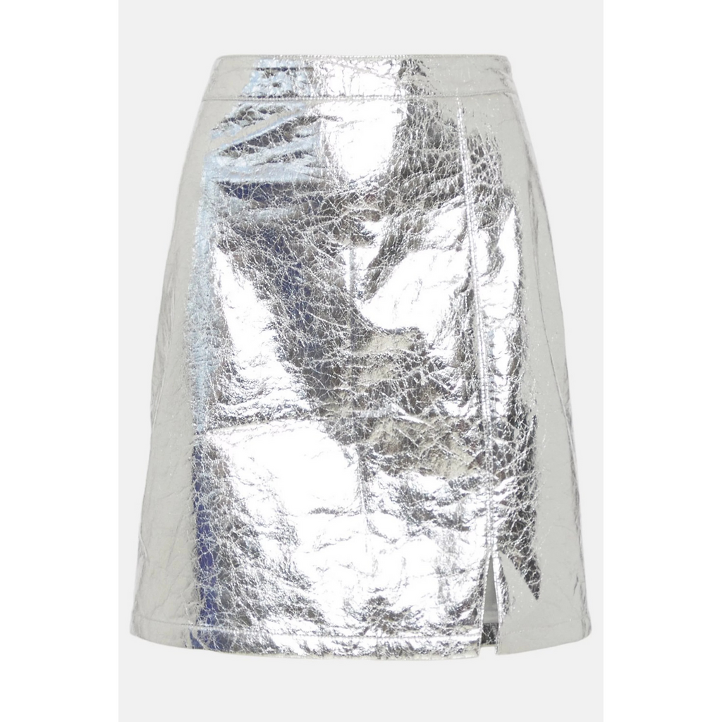 Womens Electric Blue Crush Metallic Foil EffectGenuine Leather Mini Skirt