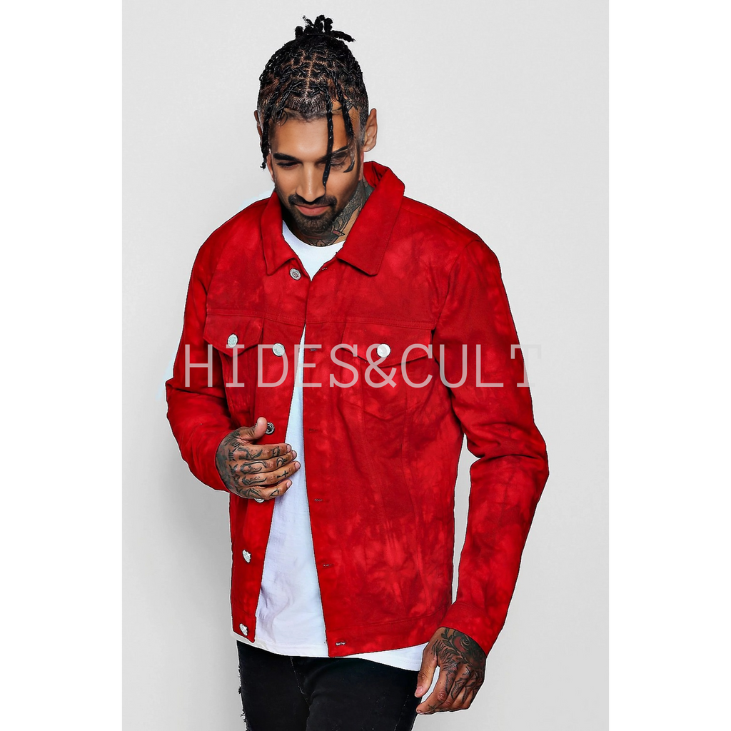 Mens Christmas Red Suede Slim Fit Genuine Leather Trucker Jacket Shirt