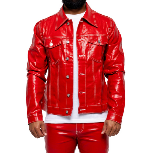 Men's Shiny Red Patent Denim Style Genuine Leather Shacket