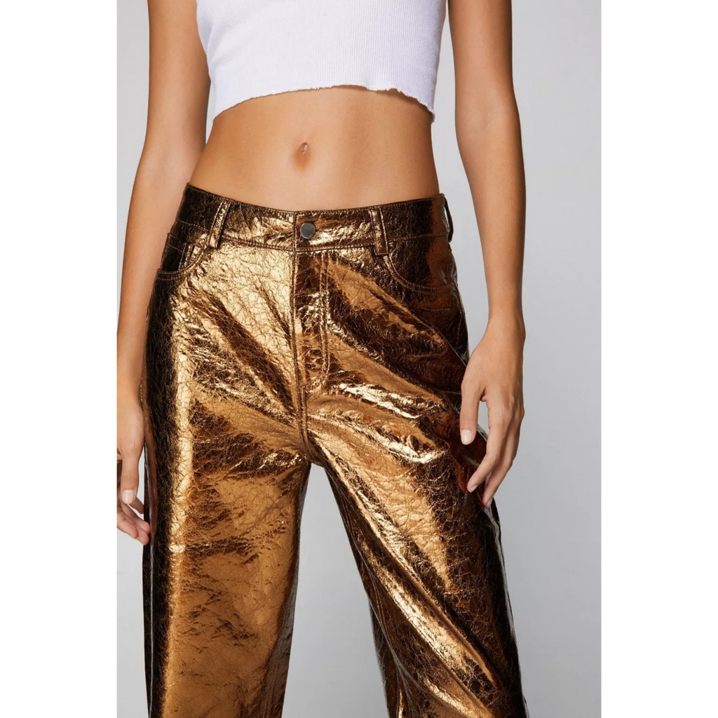 Women's Green Crackle Metallic Foil Straight Leg Genuine Leather Pants