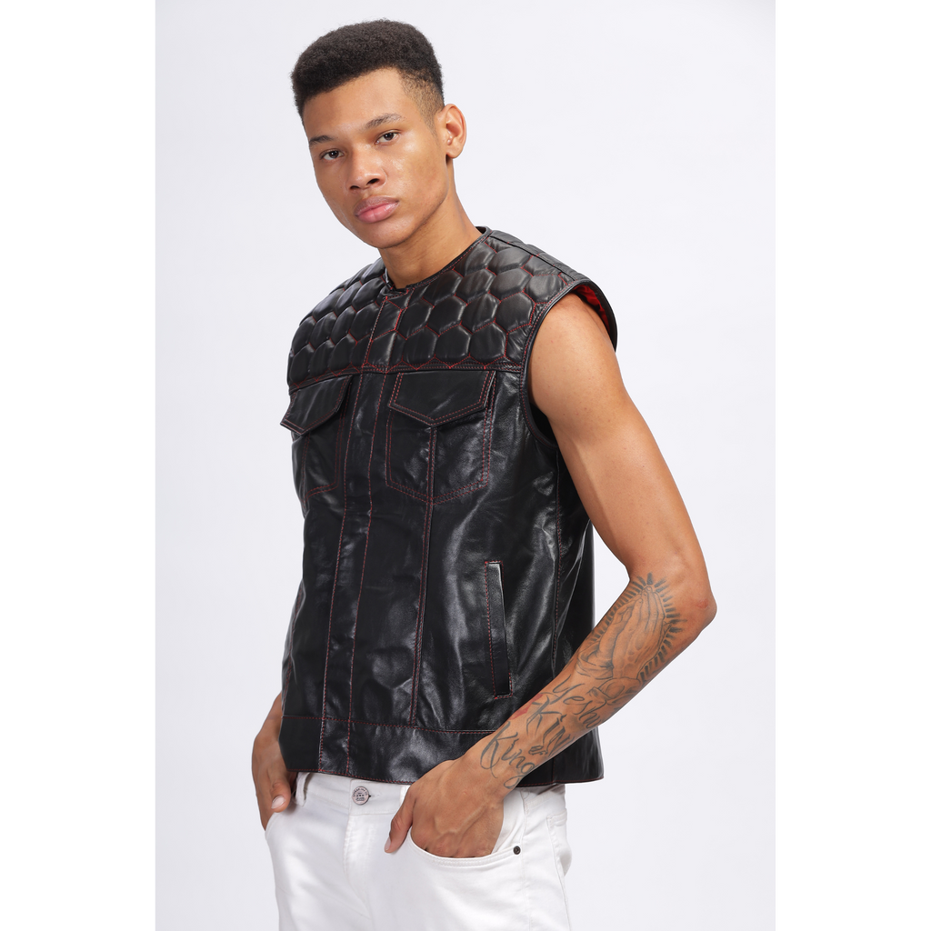 Mens Black Honeycomb Quilted Leather Vest Coat