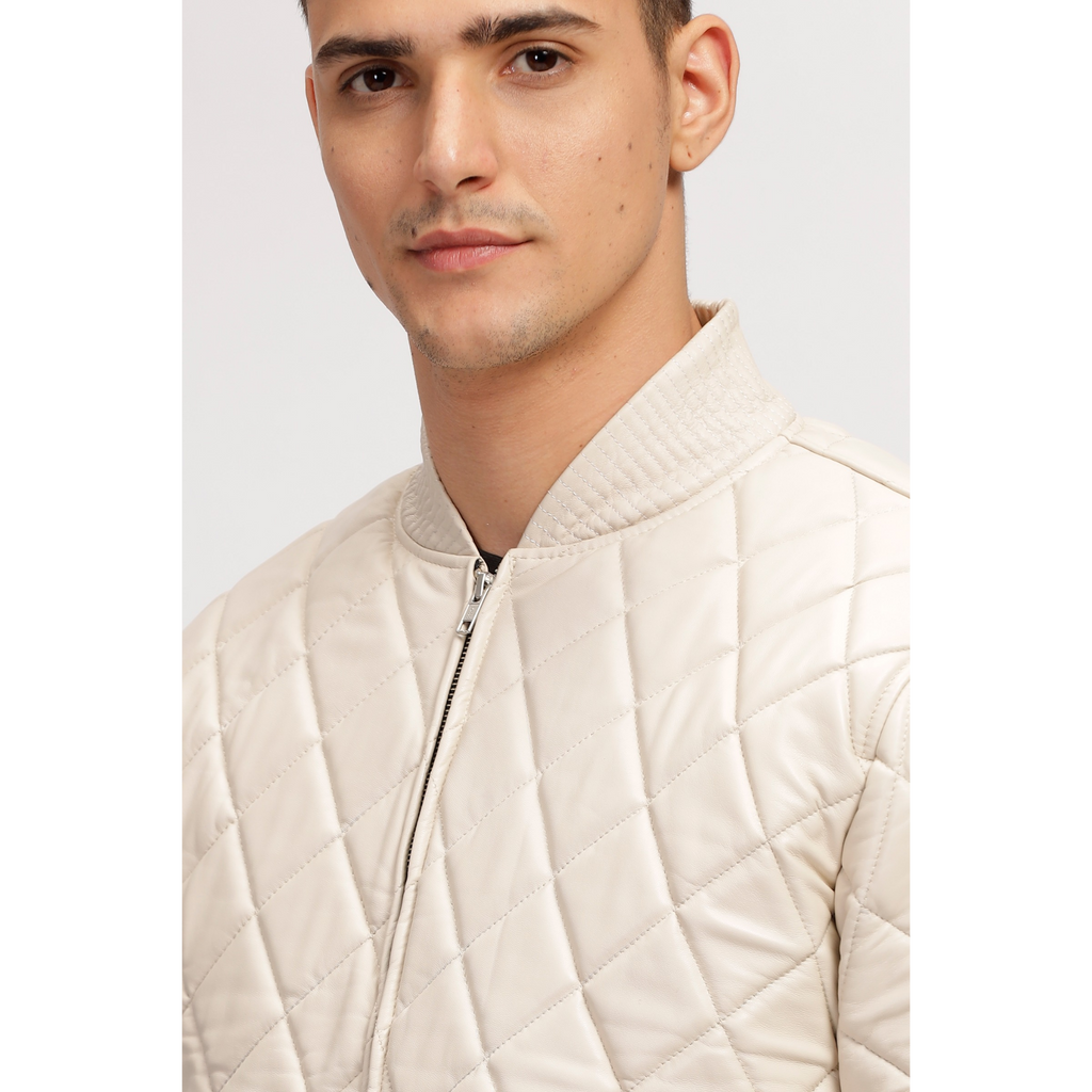 Mens Off White Diamond Quilted Bomber Leather Jacket