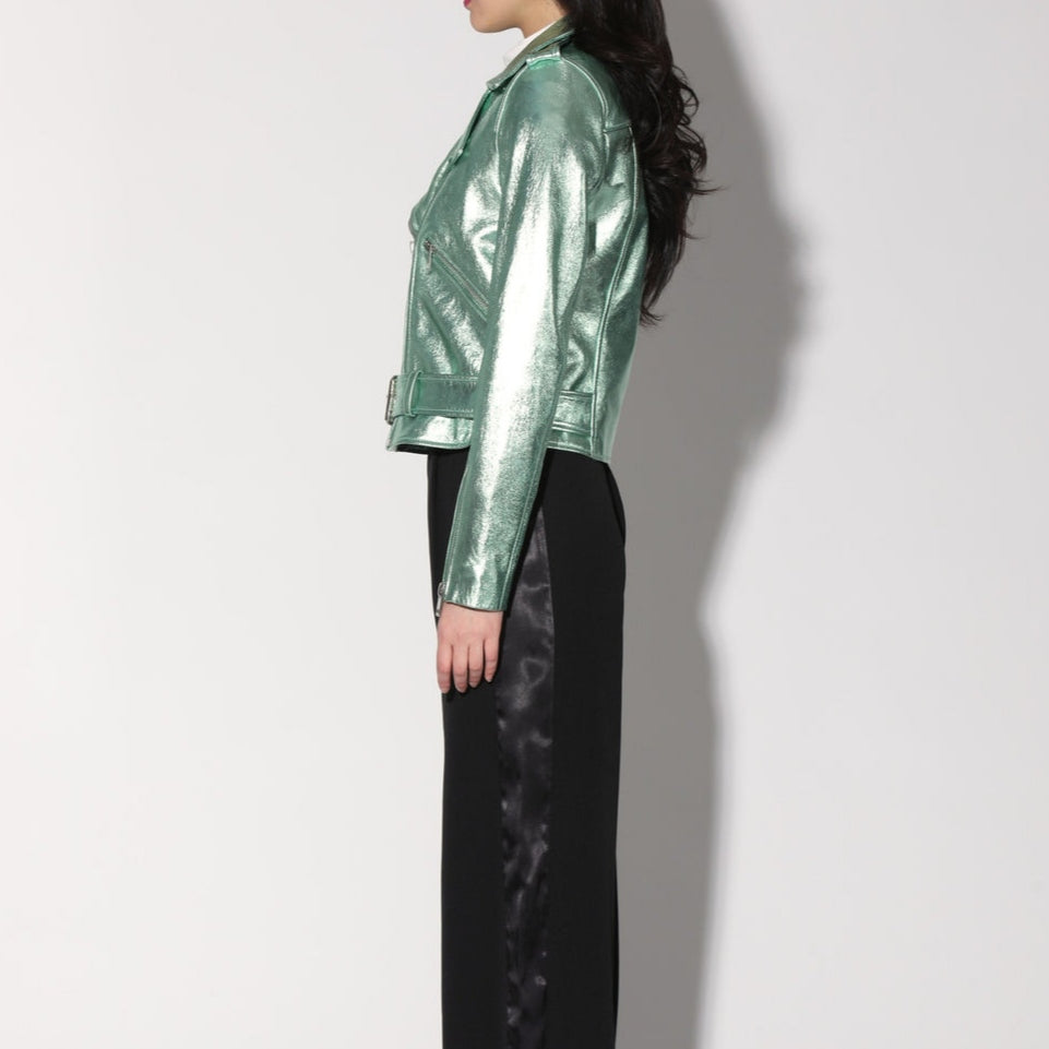 Women's Mint Green Metallic Foil Motorcycle Biker Belted Leather Jacket