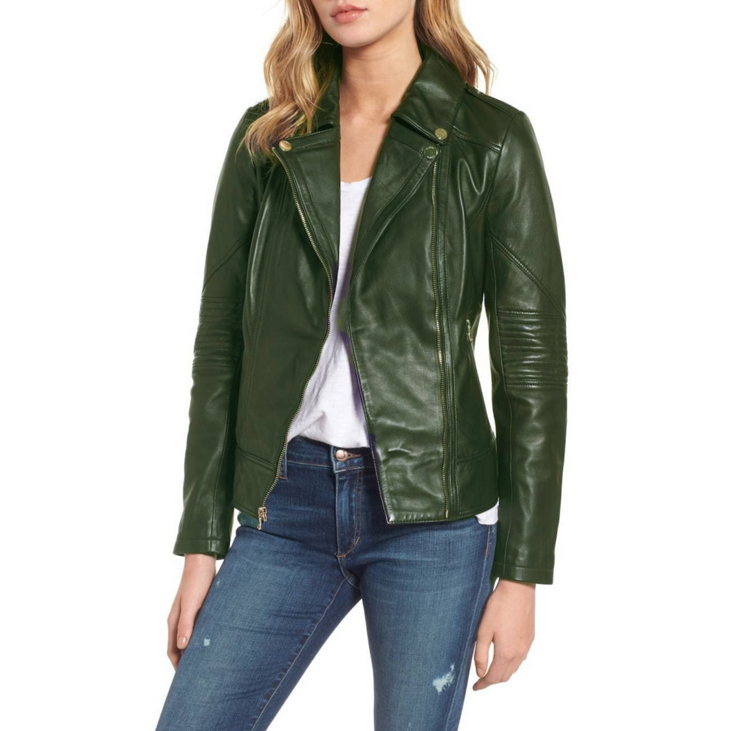 Women's Dark Green Motorcycle Biker Genuine Leather Jacket