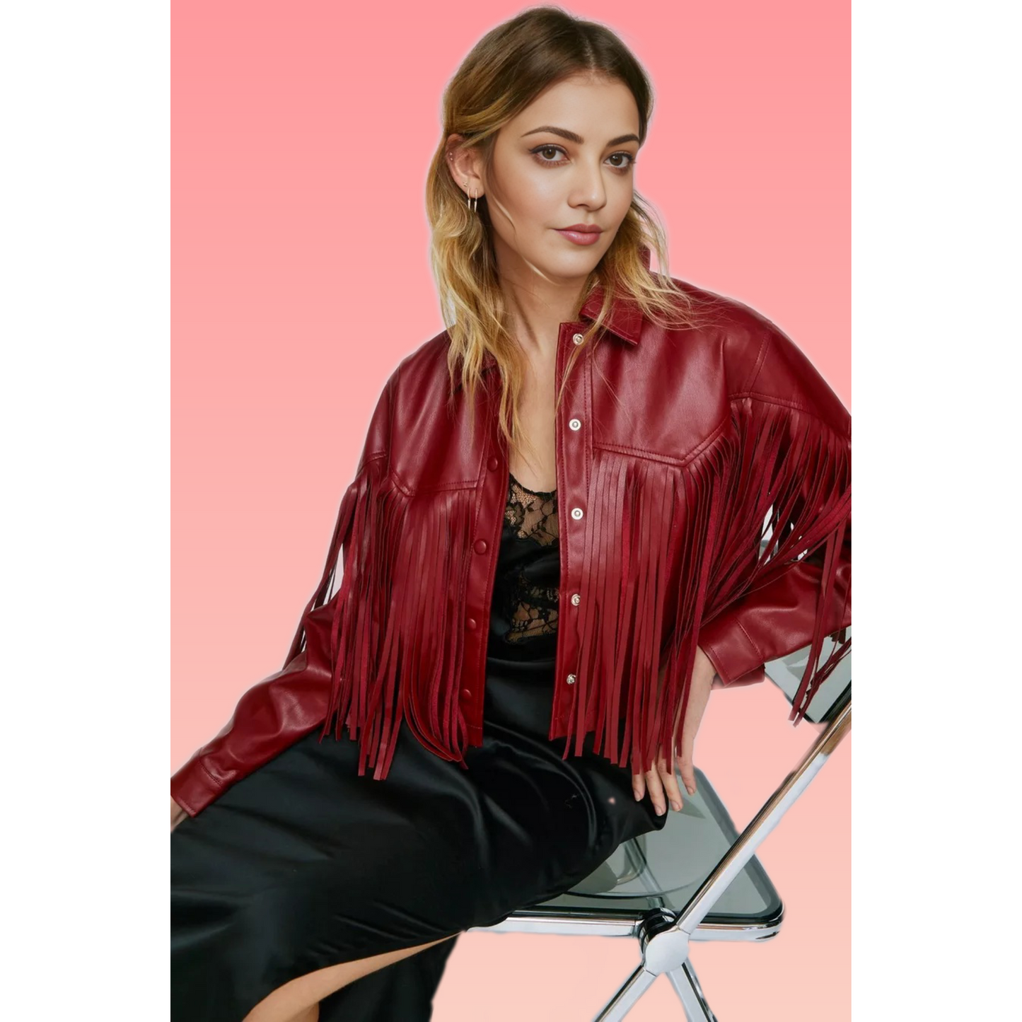 Women's Dark Red Fringed Real Leather Shirt Jacket | Hides&Cult