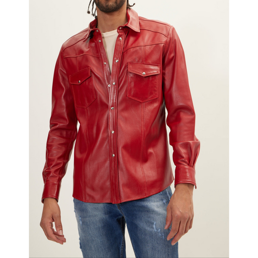 Men's Red Denim Leather Shirt