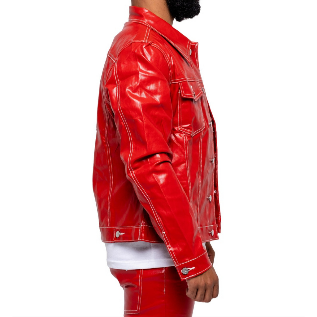 Men's Shiny Red Patent Denim Style Genuine Leather Shacket