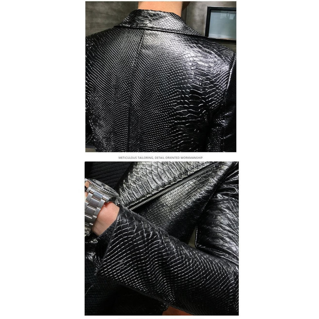 Men's Black Python Embossed Effect Motorcycle Biker Real Leather Jacket