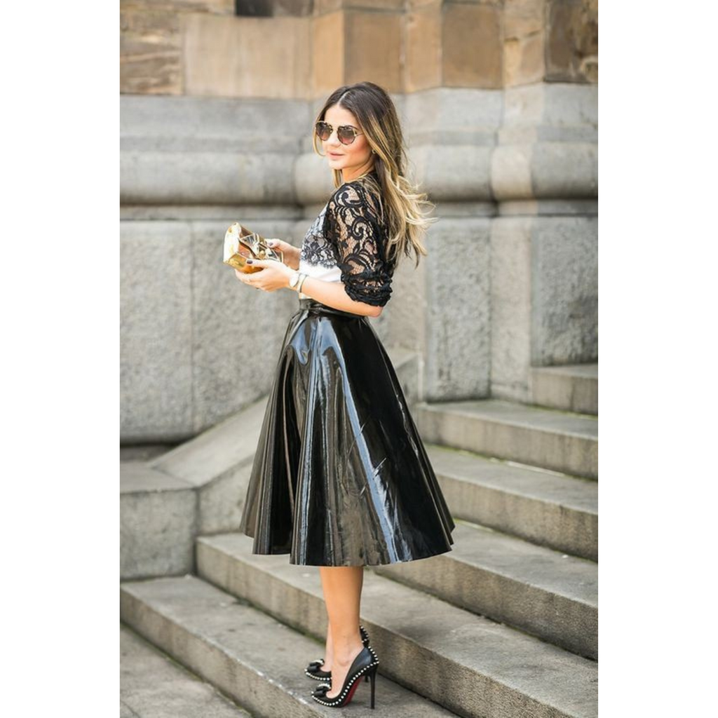 Women's Black Patent Vinyl Effect Pleated Genuine Leather Skirt