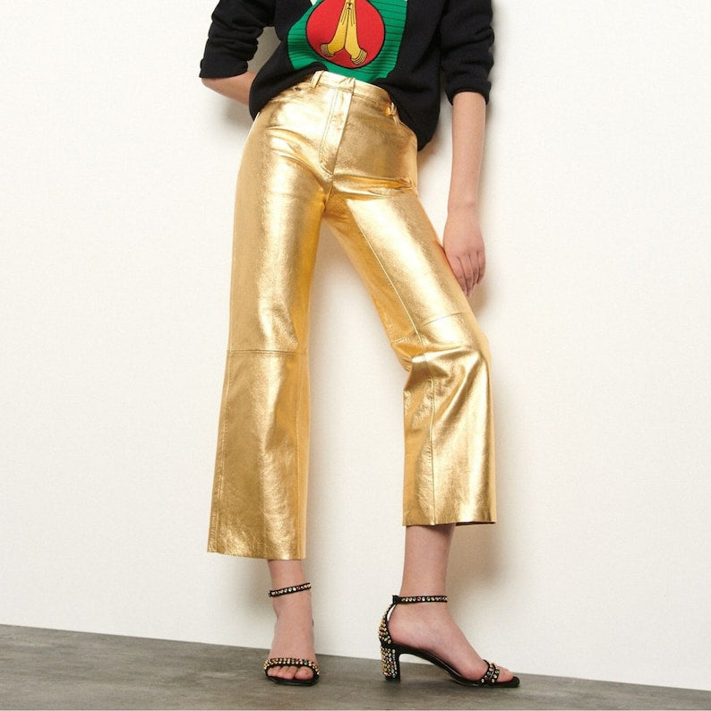 Women's Gold Metallic Foil Effect Straight Leg Genuine Leather Pants