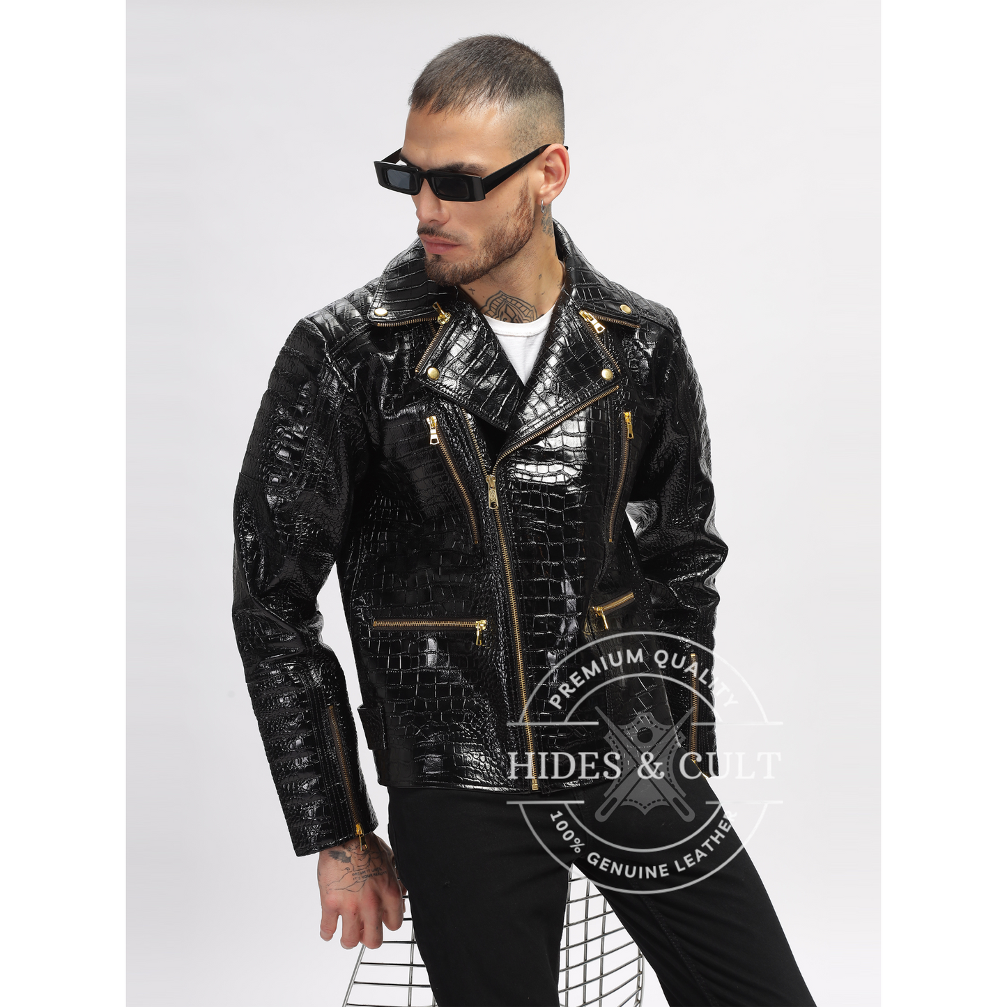 Mens Black Patent Croc Motorcycle Biker Gold Zip Leather Jacket