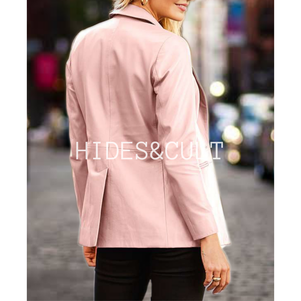 Women's Light Pink Real Leather Business Blazer