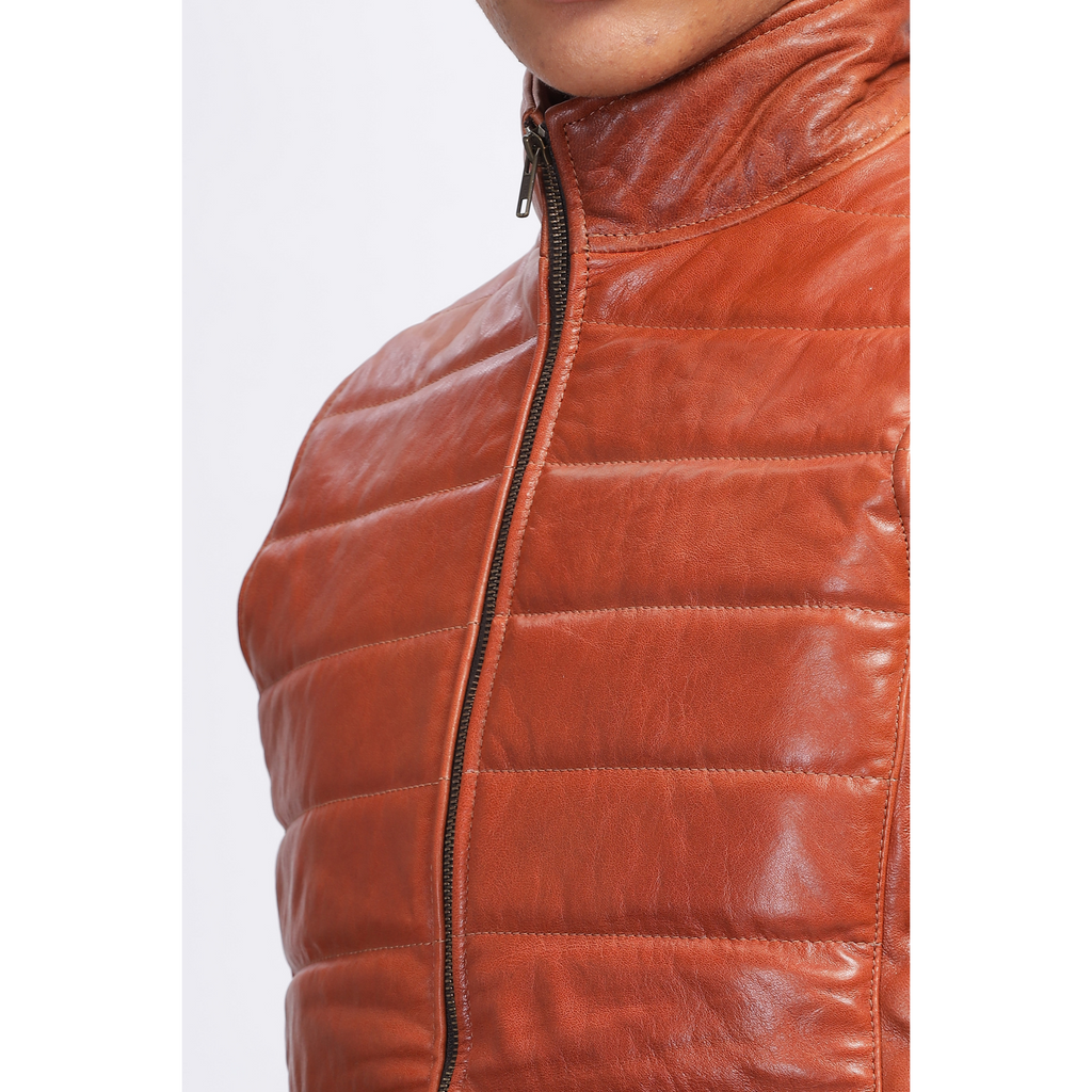 Mens Vintage Crunch Tan Puffer Style Crackle Leather Down Vest Jacket