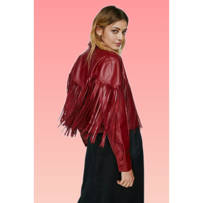 Women's Dark Red Fringed Real Leather Shirt Jacket | Hides&Cult