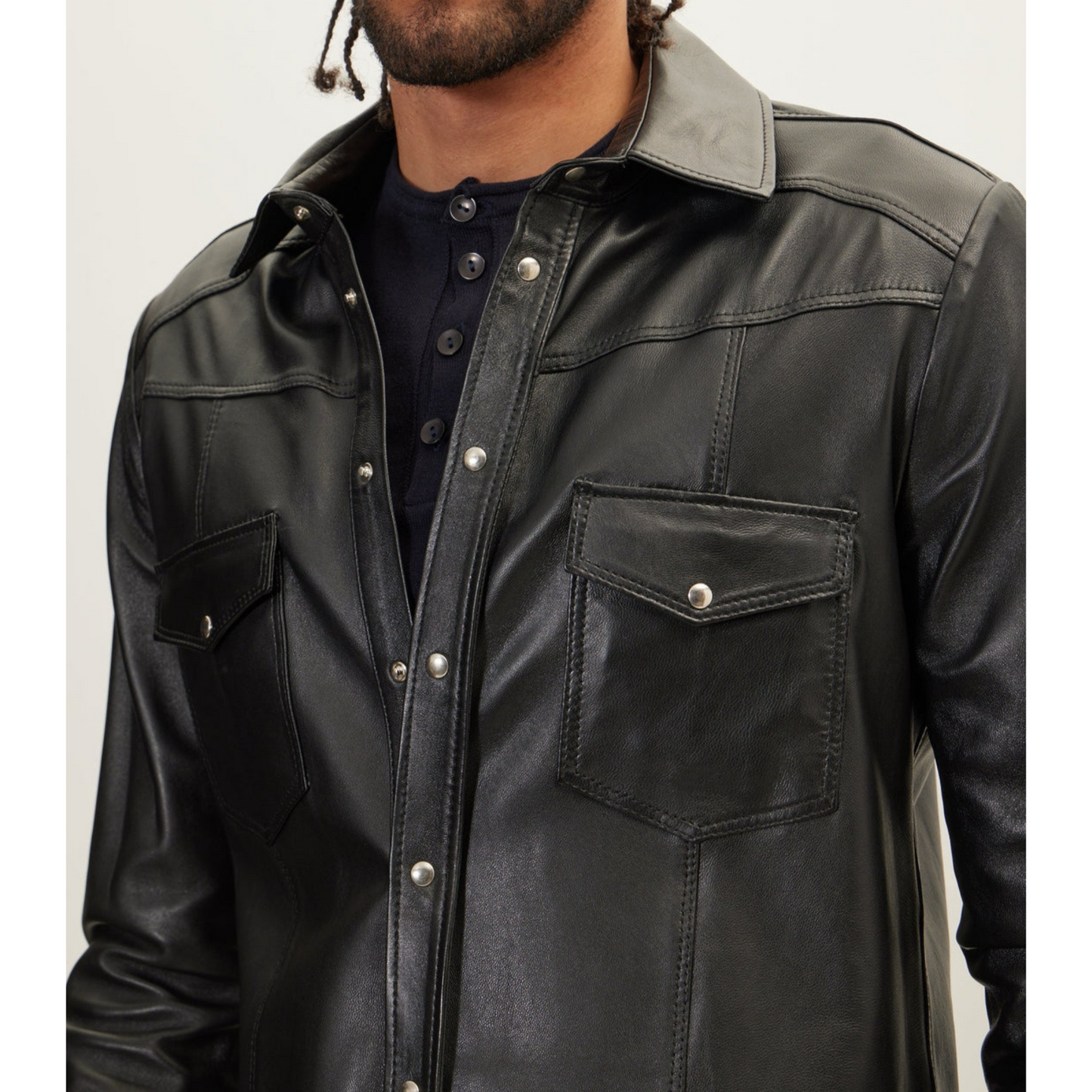 Mens Black Denim Leather Shirt