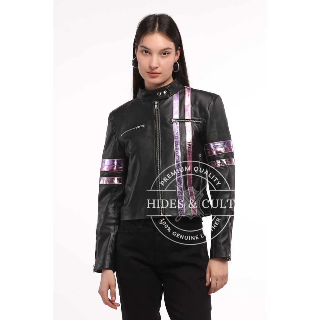 Womens Black Racer Leather Jacket with Metallic Foil Stripes