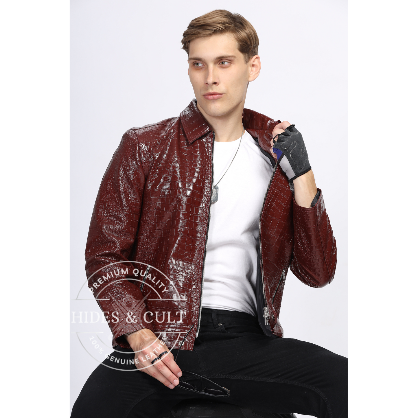 Mens Maroon Croc Detail Leather Jacket