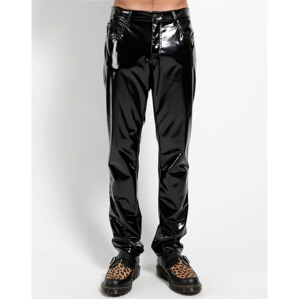Mens Black Patent Genuine Leather Pant Trouser
