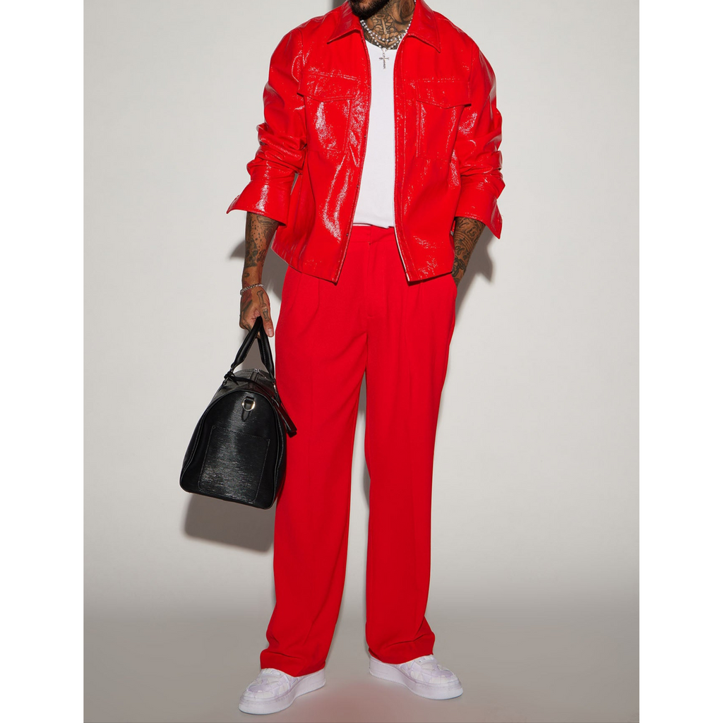 Men's Red Vinyl Effect Patent Genuine Leather Shirt - also available in Green