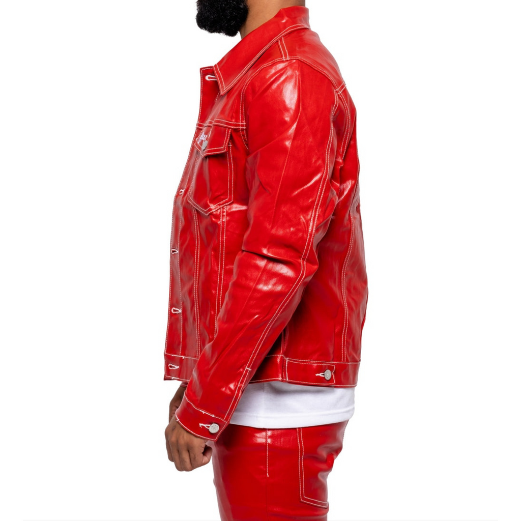 Men's Shiny Red Patent Denim Style Genuine Leather Shacket